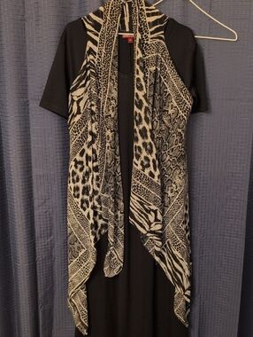 EUC Elegant Black Maxi Dress with Black and Gray Long Flowy Vest